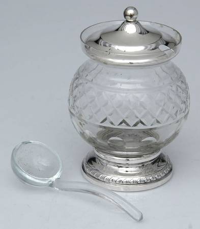 Sterling Hollowware Crystal Jam Jar with Sterling Lid & Spoon