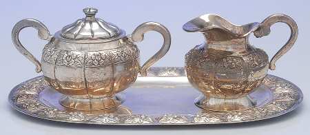 Aztec Rose (Sterling, Hollowware) 3 Piece Mini Creamer, Sugar with Lid & Oval Tray Set