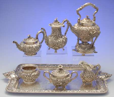 2500 (Sterling, Hollowware) 7 Piece Tea Set (SCP, STP, SCR, SSU, SWB, SKES & WTL)
