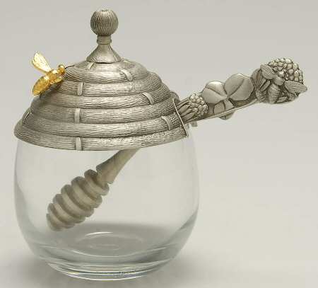Pewter Hollowware Glass Honey Jar with Beehive Lid & Dipper