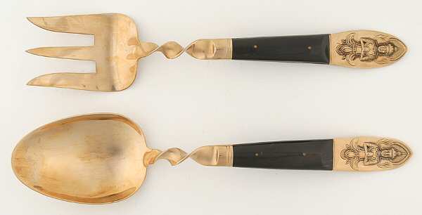 Siam (Brass)-Black Handle, Sitting Buddha 2 Piece Salad Set Solid Piece w/Twisted Handle