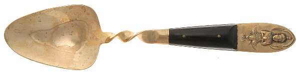 Siam (Brass)-Black Handle, Sitting Buddha Salad Serving Spoon, Solid Piece W/Twisted Handle