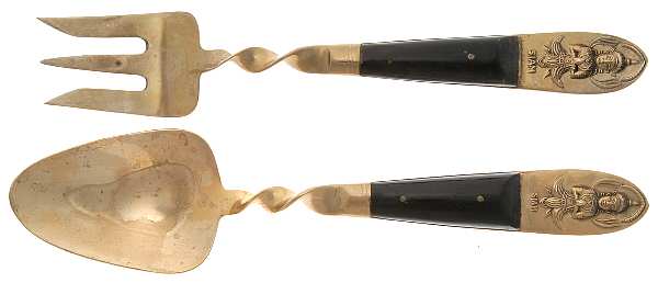 Siam (Brass)-Black Handle, Sitting Buddha 2 Piece Salad Set, Solid Piece with Twisted Handle