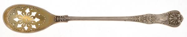 English King (Sterling, 1885, No Monograms) Pierced Bowl Short Handle Olive Spoon