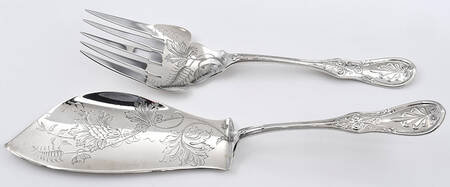 Saratoga (Sterling, 1870, No Monograms) Large Solid Bright Cut Fish Serving Set