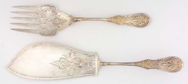 Saratoga (Sterling, 1870, No Monograms) Large Solid, Bright Cut Fish Serving Set