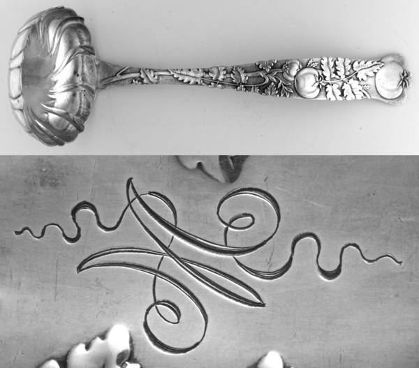 Vine-Multi Motif (Sterling, 1872) Solid Oyster Ladle with Fluted Bowl