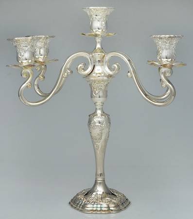 Old Master-Embossed(Silverplate, Roses-Scrolls) Large Plated 5-Light Candelabra
