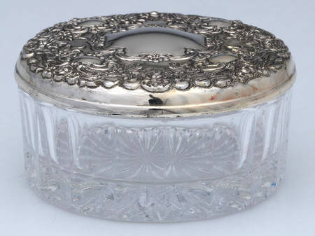 Old Master-Embossed(Silverplate, Roses-Scrolls) 3" Powder Jar, Crystal Bowl and Silverplate Lid