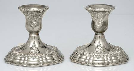 Old Master-Embossed(Silverplate, Roses-Scrolls) Pair of Silverplate Console Candleholders