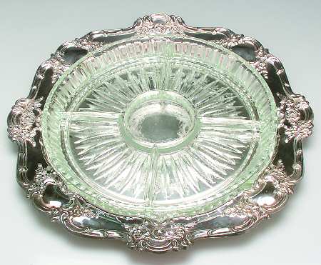 Old Master-Embossed(Silverplate, Roses-Scrolls) 5 Part Relish with Glass Liner(S)