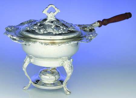 Old Master-Embossed(Silverplate, Roses-Scrolls) Chafing Dish W/Lid, Burner & Stand