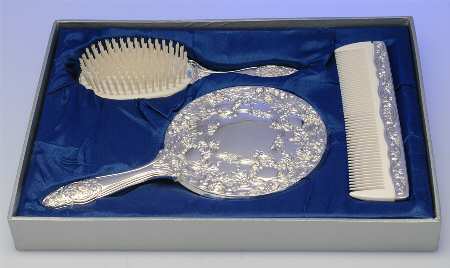 Old Master-Embossed(Silverplate, Roses-Scrolls) 3-Piece Vanity Set (Brush, Comb and Mirror)