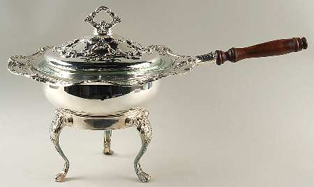 Old Master-Embossed(Silverplate, Roses-Scrolls) Chafing Dish & Lid, Stand, Glass Liner