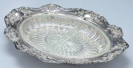 Old Master-Embossed(Silverplate, Roses-Scrolls) Relish with 2 Part Glass Liner