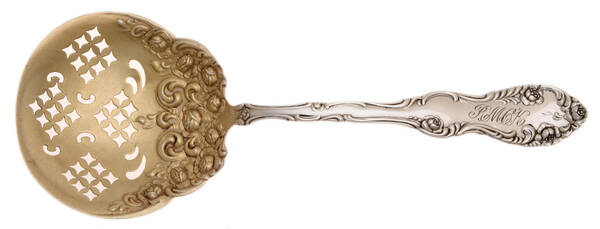 Old English (Sterling, 1892, Monograms) Large Pierced Pea Serving Spoon