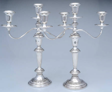 French Provincial (Sterling, 1948, Hollowware) Pair of Weighted 3 Light Candelabra