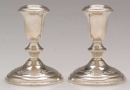 French Provincial (Sterling, 1948, Hollowware) Pair of Weighted Console Candleholders