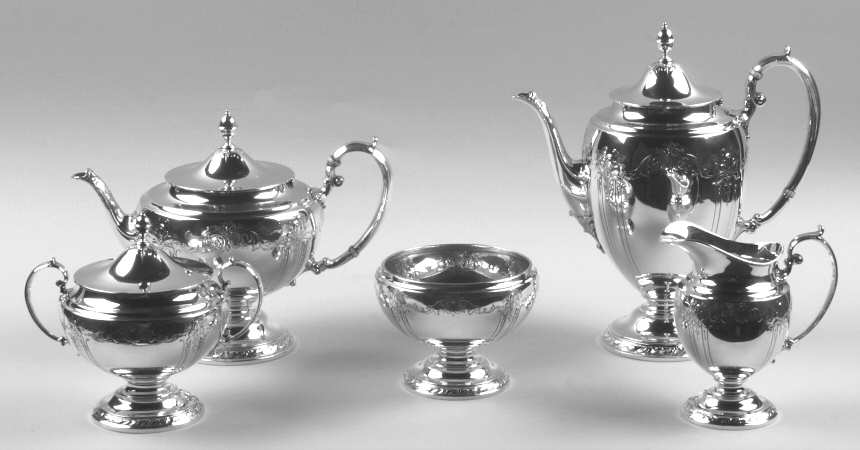 Virginia Lee (Sterling, 1920, Hollowware) 5 Piece Tea Set (SCP, STP, SCR, SSU, SWB)