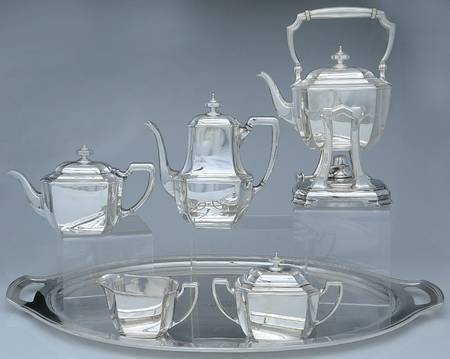 Hampton (Sterling, 1934, Hollowware) 6 Piece Tea Set (SCP, STP, SCR, SSU, SKES, WT27C)