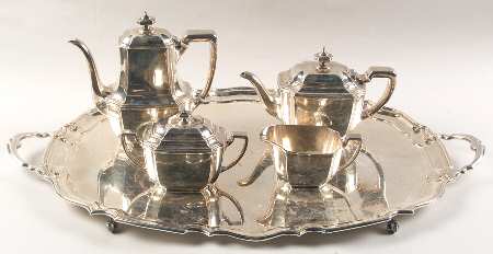 Hampton (Sterling, 1934, Hollowware) 5 Piece Tea Set (SCP, STP, SCR, SSU, PWTL)