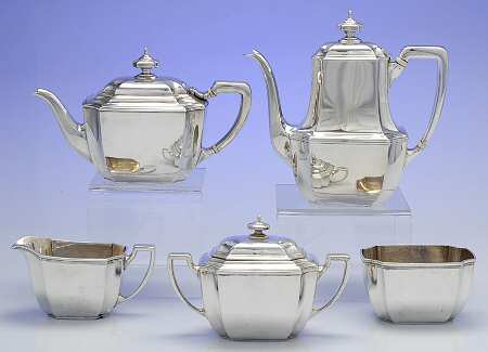 Hampton (Sterling, 1934, Hollowware) 5 Piece Tea Set (SCP, STP, SCR, SSU, SWB)