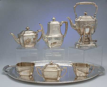 Hampton (Sterling, 1934, Hollowware) 7 Piece Tea Set (SCP, STP, SCR, SSU, SWB, SKES, WT27CS)