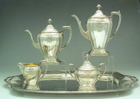 D'Orleans (Sterling, 1923, Hollowware) 5 Piece Tea Set (SCP, STP, SCR, SSU, WTL)