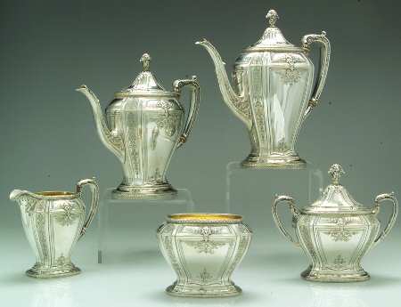 D'Orleans (Sterling, 1923, Hollowware) 5 Piece Tea Set (SCP, STP, SCR, SSU, SWB)