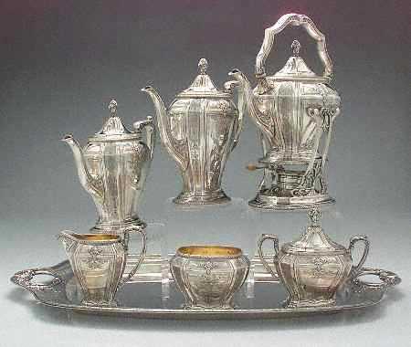 D'Orleans (Sterling, 1923, Hollowware) 7 Piece Tea Set (SCP, STP, SCR, SSU, SWB, SKES & WTL)
