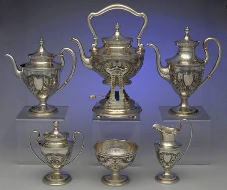 D'Orleans (Sterling, 1923, Hollowware) 6 Piece Tea Set (SCP, STP, SCR, SSU, SWB, SKES)