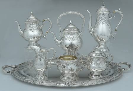 King Richard (Sterling, 1932, Hollowware) 7 Piece Tea Set (SCP, STP, SCR, SSU, SWB, SKES & WTL)