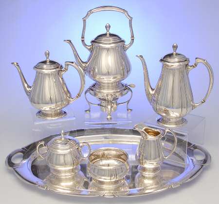 Lady Diana (Sterling, 1929, Hollowware) 7 Piece Tea Set (SCP, STP, SCR, SSU, SWB, SKES & WTL)