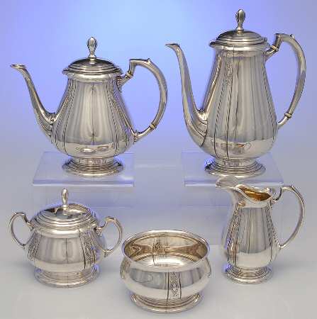 Lady Diana (Sterling, 1929, Hollowware) 5 Piece Tea Set (SCP, STP, SCR, SSU, SWB)