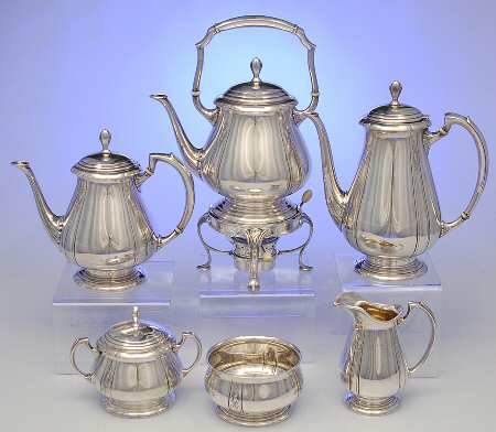 Lady Diana (Sterling, 1929, Hollowware) 6 Piece Tea Set (SCP, STP, SCR, SSU, SWB, SKES)