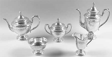 Virginia Carvel (Sterling, 1919, Hollowware) 5 Piece Tea Set (SCP, STP, SCR, SSU, SWB)