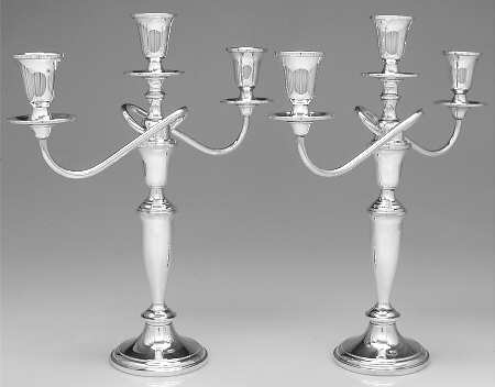 730 (Sterling, Hollowware) Pair of Weighted 3 Light Candelabra w/Drip Cups