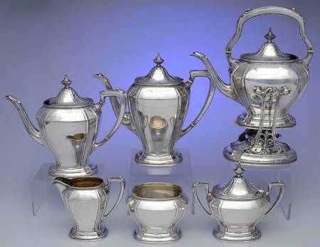 Virginia Carvel (Sterling, 1921) 6 Piece Tea Set (SCP, STP, SCR, SSU, SWB, SKES)