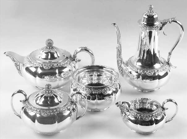 English King (5011, Sterling, Hollowware) 5 Piece Tea Set (SCP, STP, SCR, SSU, SWB)