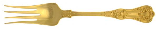 English King Gold (Str, 1885, Gold Vermeil) Large Solid Cold Meat Serving Fork