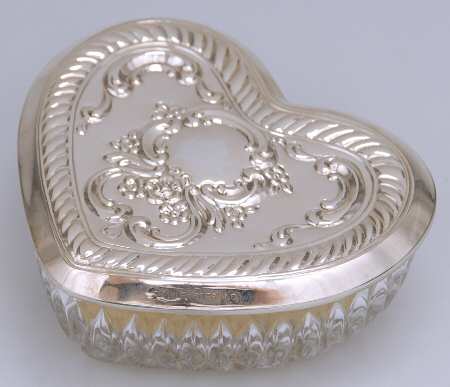 Old Master (Sterling, Hollowware, 4 Marks) Crystal Heart Box with Sterling Lid