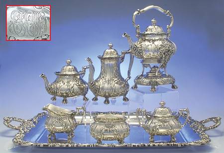 727 (Sterling, Hollowware) 7 Piece Tea Set (SCP, STP, SCR, SSU, SWB, SKES & WTL)