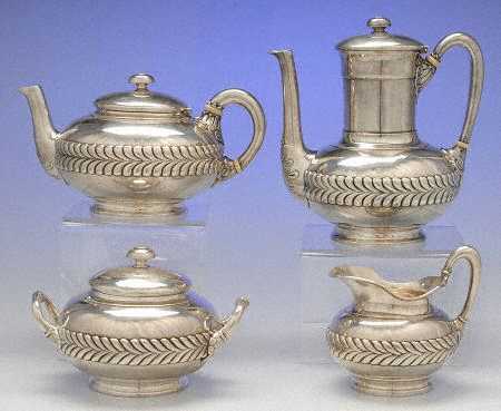 Wave Edge (Sterling, 1884, Laurel, Hollowware) 4 Piece Tea Set (CP1, TP1, CR1, SU1)