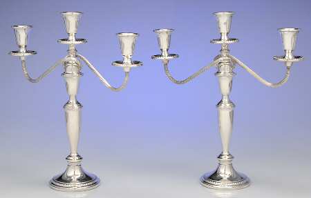 738 (Sterling, Hollowware) Pair of Weighted 3 Light Candelabra