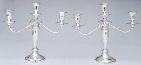 730 (Sterling, Hollowware) Pair of 3 Light Candelabra Weighted w/Drip Cups