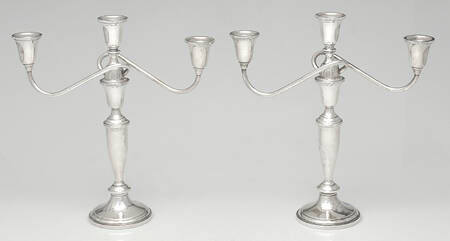 730 (Sterling, Hollowware) Pair of Weighted 3 Light Candelabra