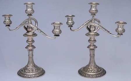Repousse (Sterling, Hollowware) Pair of 14" 3 Light Candelabra