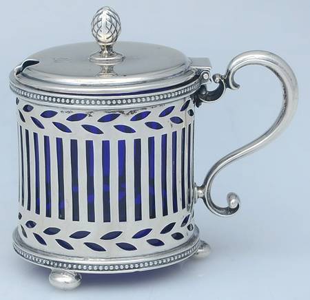 15925 (Sterling, Hollowware) Mustard Pot with Hinged Lid & Cobalt Liner