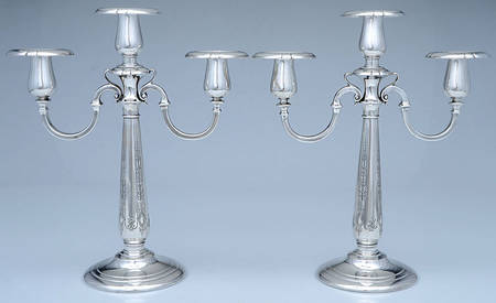 Chased Diana (Sterling, Hollowware) Pair of 11" Weighted 3 Light Candelabra
