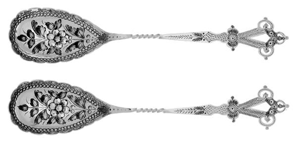 T0H1 (Sterling) Set of 2 - Solid Fruit Serving Spoon-Embossed Bowl by Thomas Lamborn
